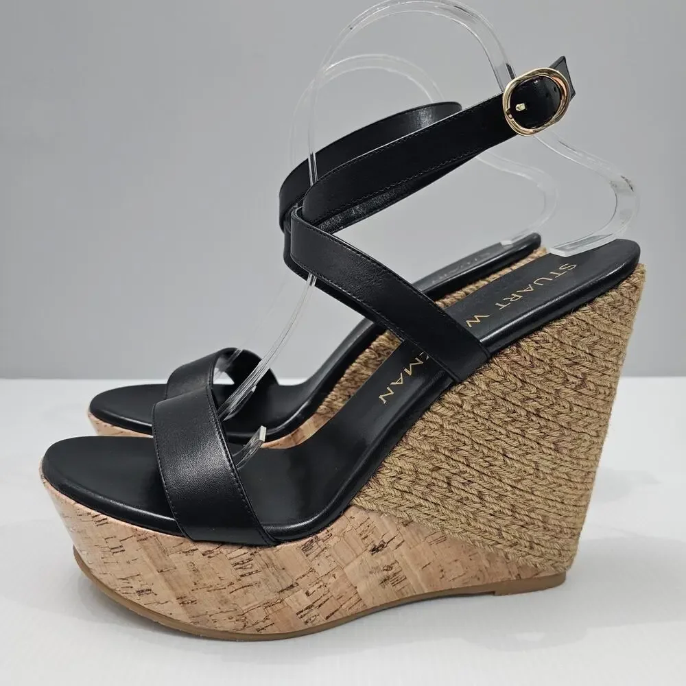 Stuart Weitzman 5050 Espadrille Wedge Platform Sandal 11 Black Leather Cork - Picture 14 of 14